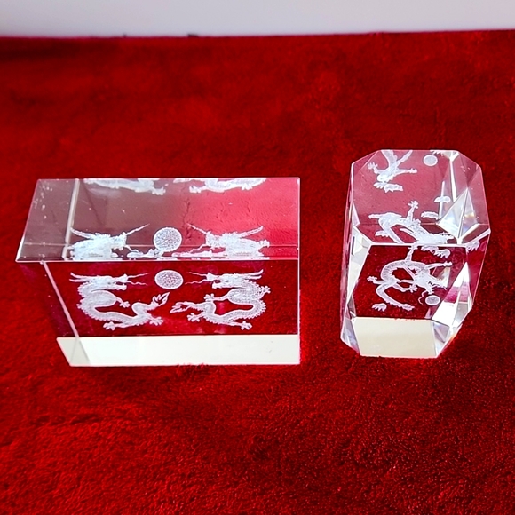 Set of 2, Laser Cut 3D Dragon Paperweights Block Desk Cube. - Picture 3 of 14